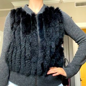 Diane von Furstenberg Rabbit Fur Sweater Marled Gray Zip Up